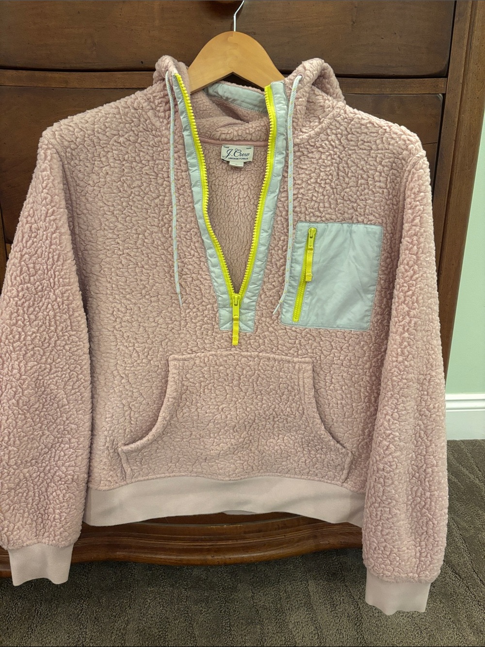 J. Crew Pink Sherpa Half-Zip Pullover with Neon Yellow Trim